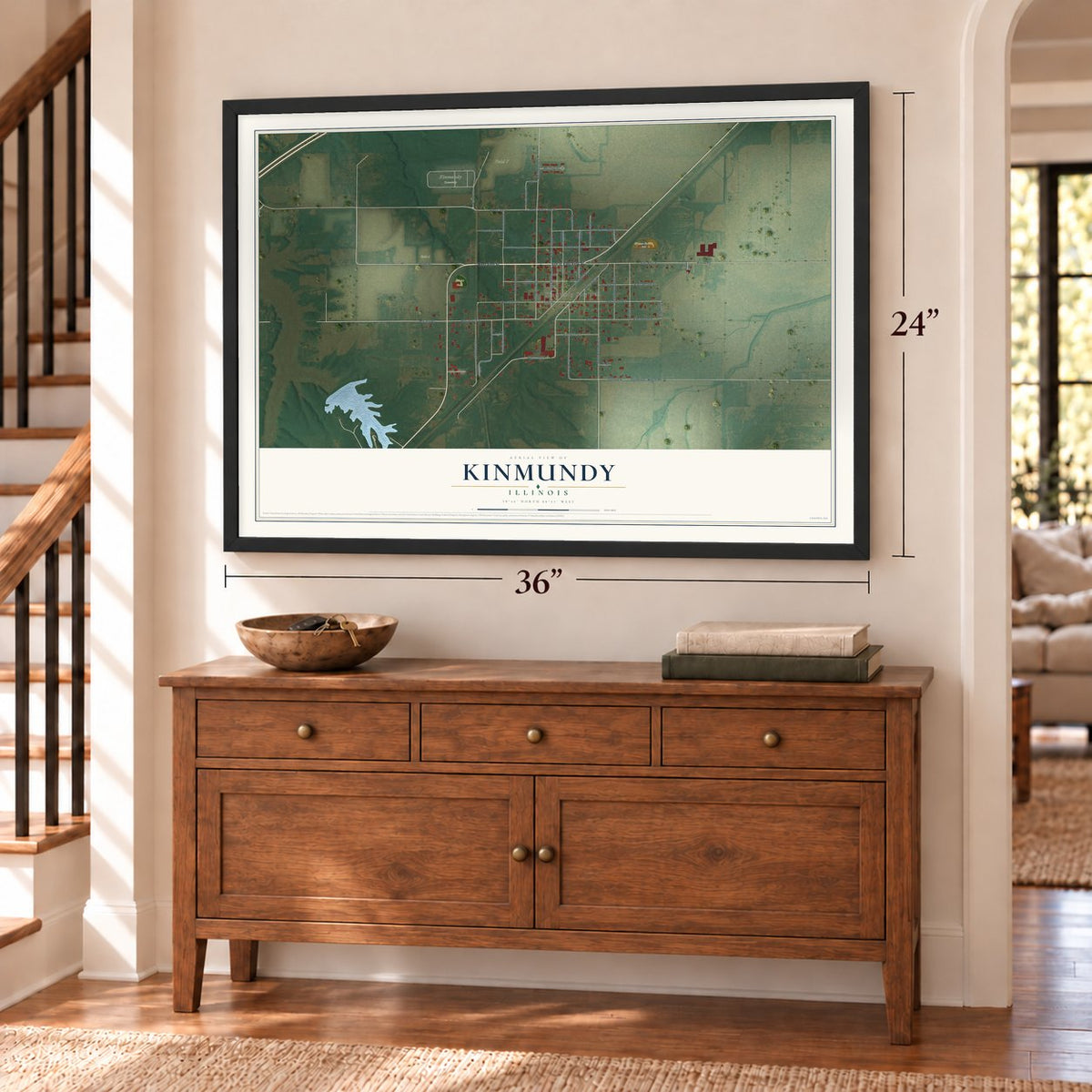 Kinmundy, Illinois map, 24 x 36 inch print in a black frame above a dresser by a staircase