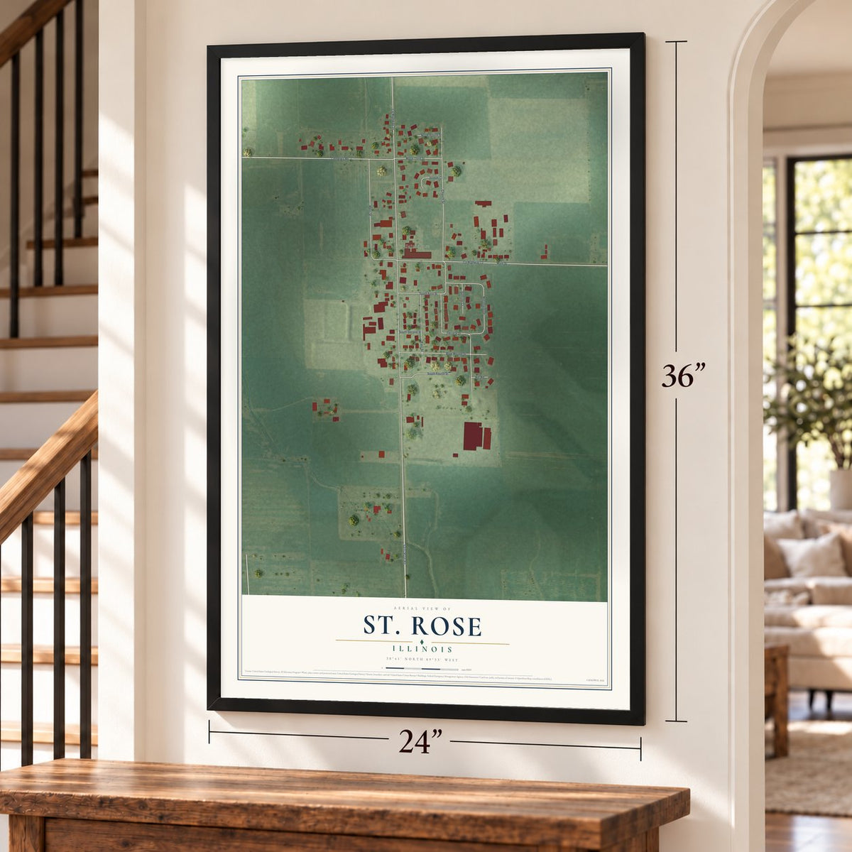 St. Rose, Illinois map, 24 x 36 inch print in a black frame by a staircase
