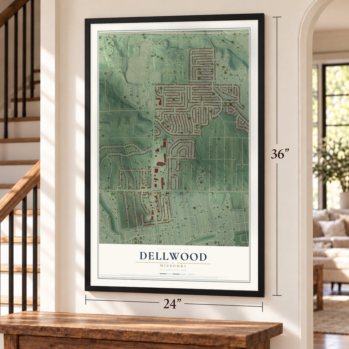 Dellwood, Missouri map, 24 x 36 inch print in a black frame by a staircase