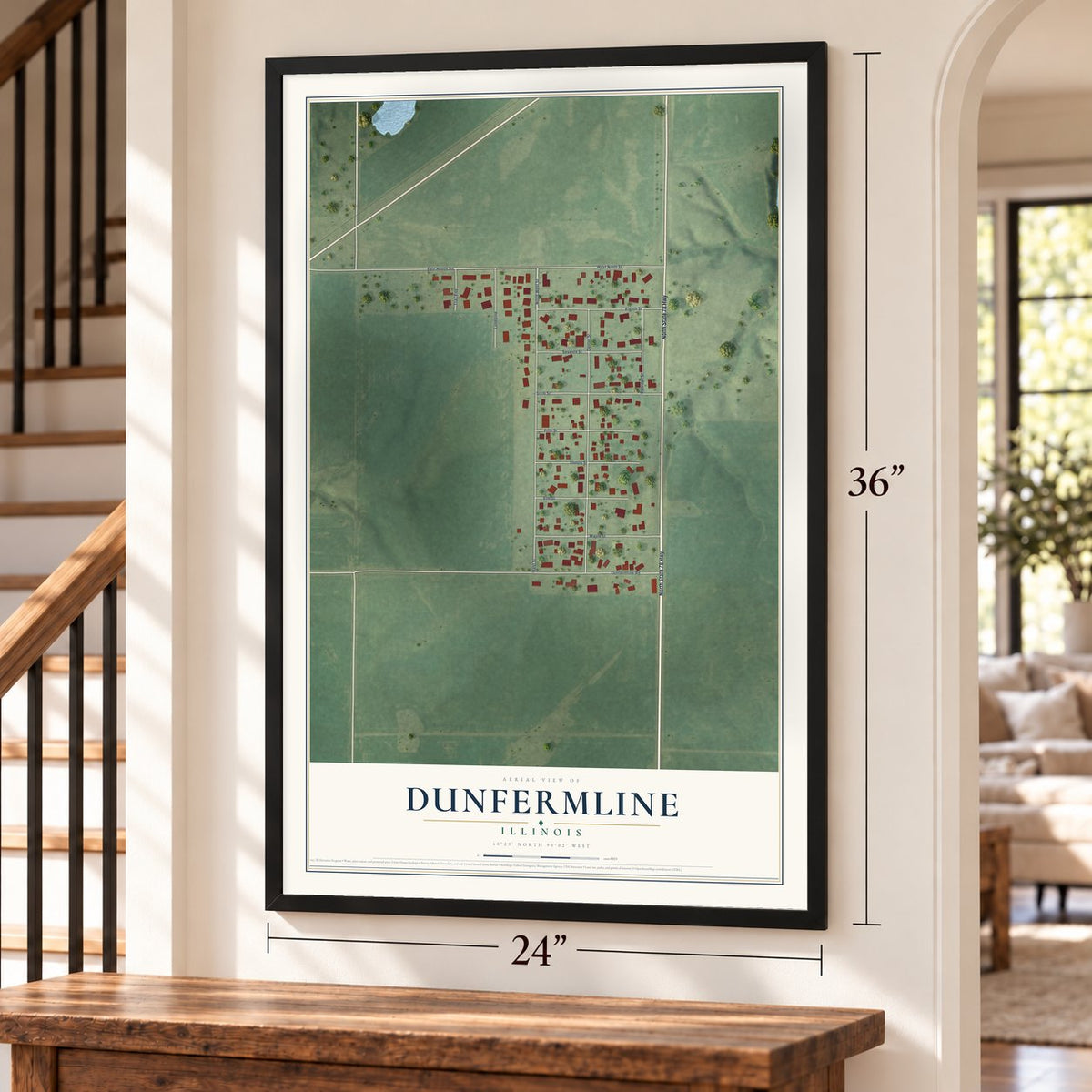 Dunfermline, Illinois map, 24 x 36 inch print in a black frame by a staircase
