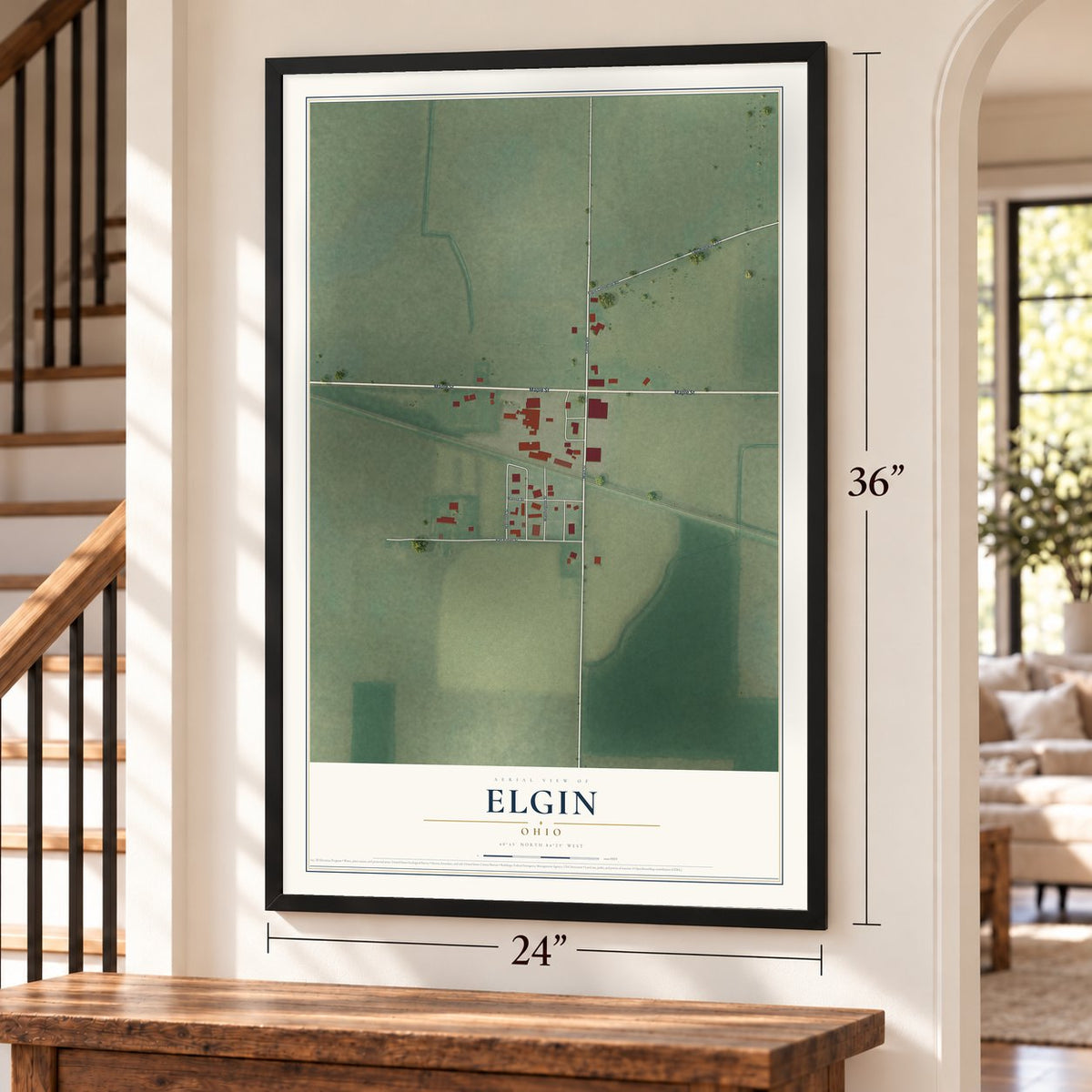 Elgin, Ohio map, 24 x 36 inch print in a black frame by a staircase
