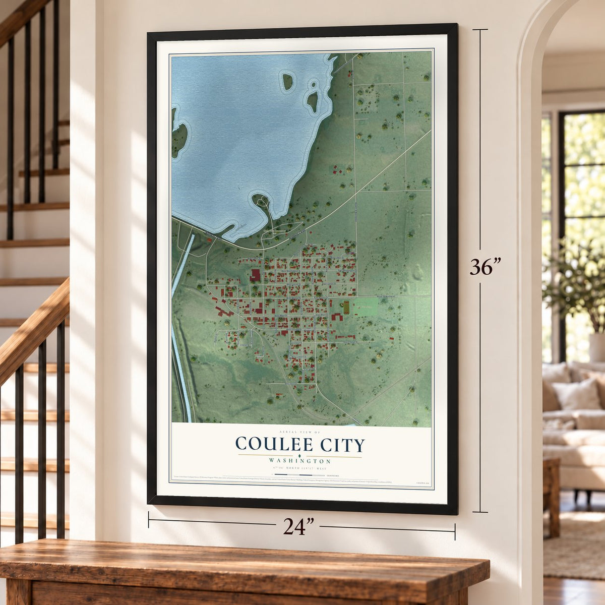Coulee City, Washington map, 24 x 36 inch print in a black frame by a staircase