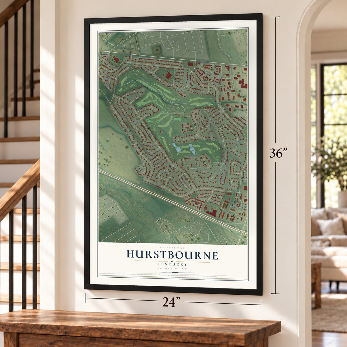 Hurstbourne, Kentucky map, 24 x 36 inch print in a black frame by a staircase