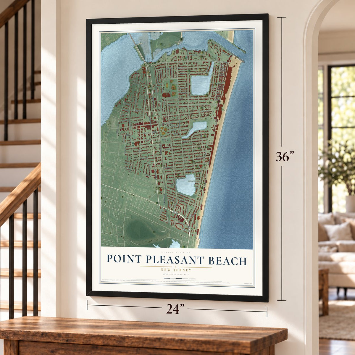 Point Pleasant Beach, New Jersey map, 24 x 36 inch print in a black frame by a staircase