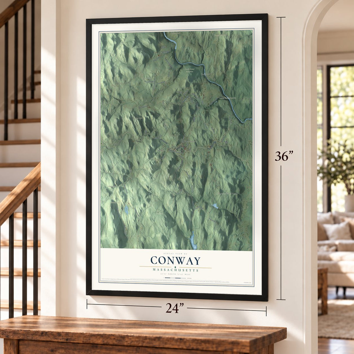 Conway, Massachusetts map, 24 x 36 inch print in a black frame by a staircase