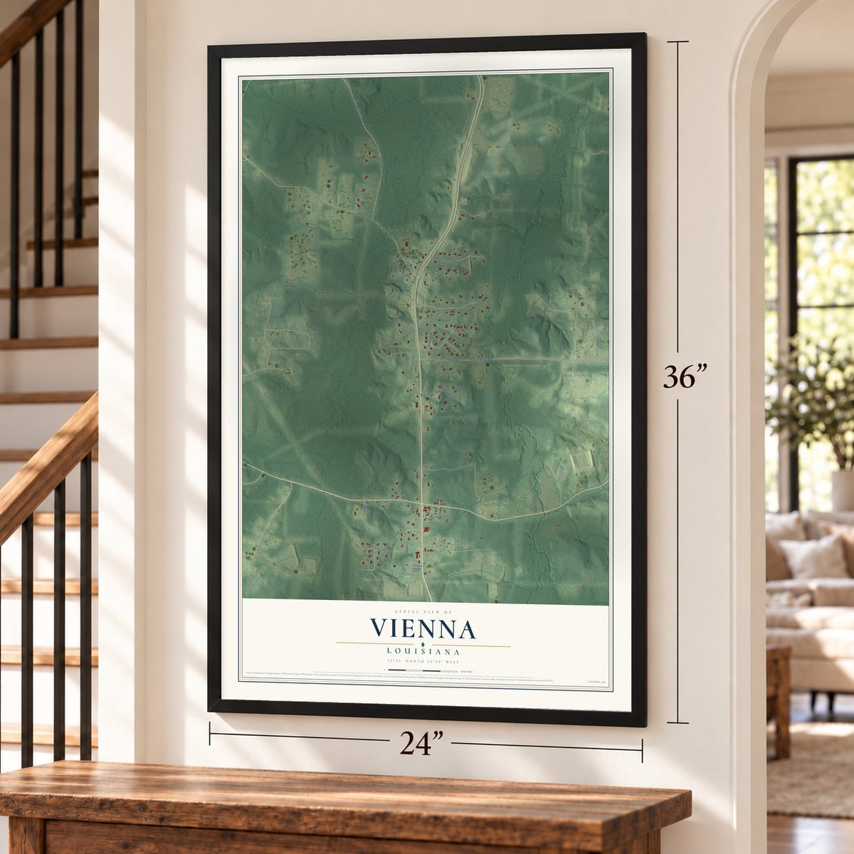 Vienna, Louisiana map, 24 x 36 inch print in a black frame by a staircase