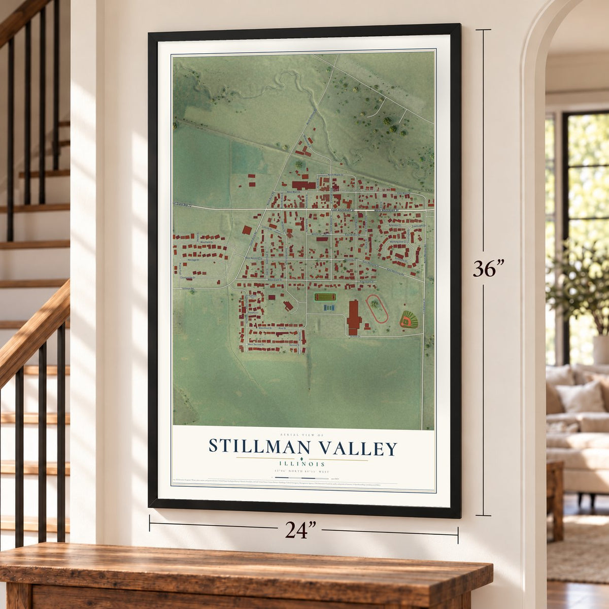 Stillman Valley, Illinois map, 24 x 36 inch print in a black frame by a staircase