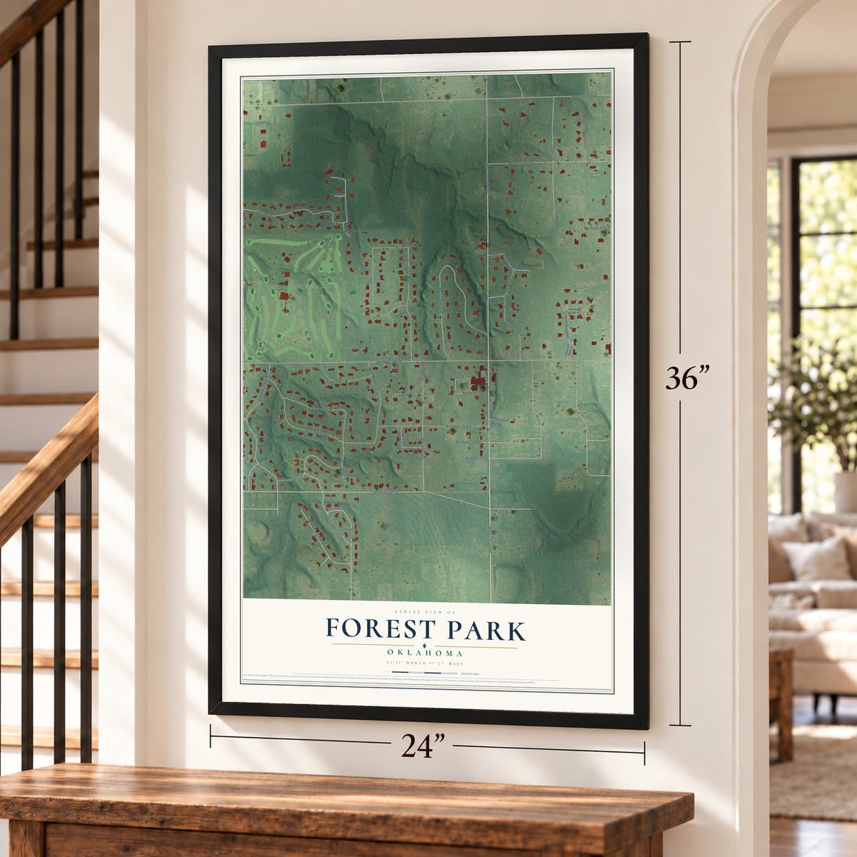 Forest Park, Oklahoma map, 24 x 36 inch print in a black frame by a staircase