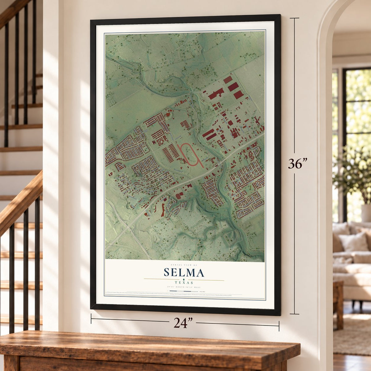 Selma, Texas map, 24 x 36 inch print in a black frame by a staircase