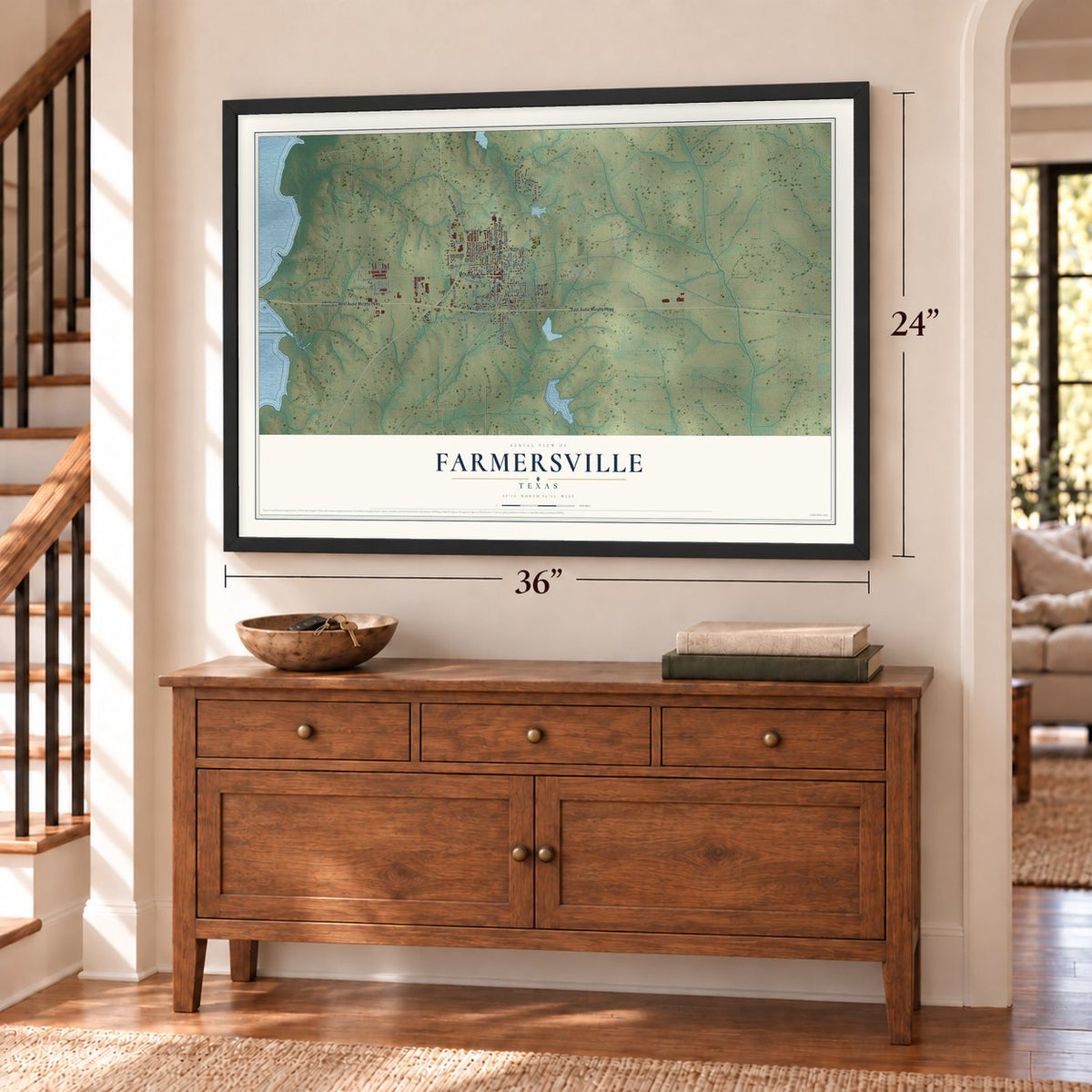 Farmersville, Texas map, 24 x 36 inch print in a black frame above a dresser by a staircase
