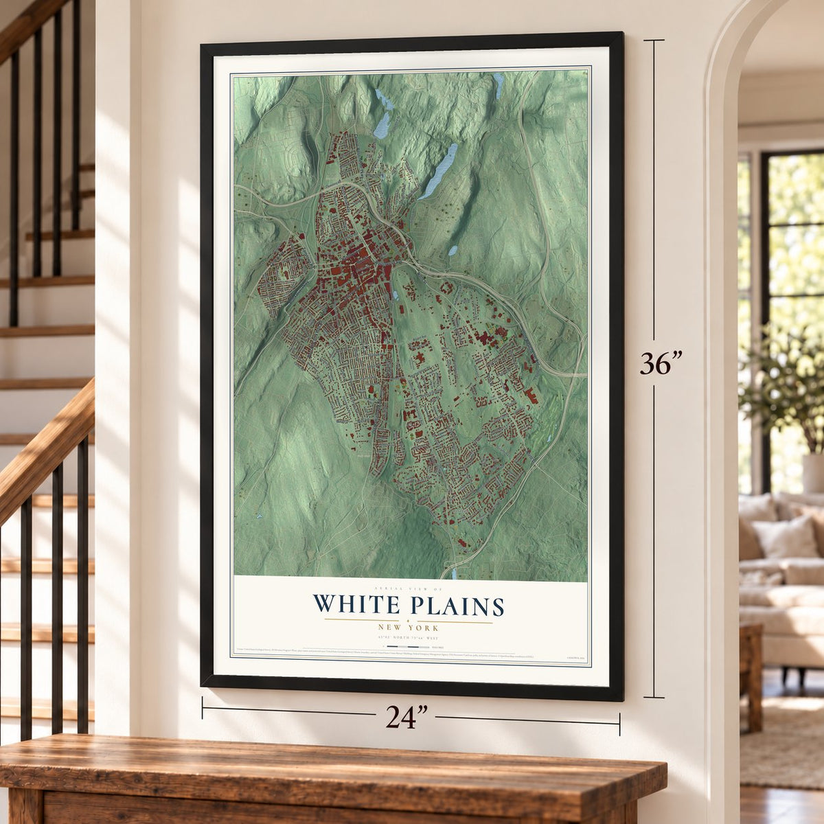 White Plains, New York map, 24 x 36 inch print in a black frame by a staircase