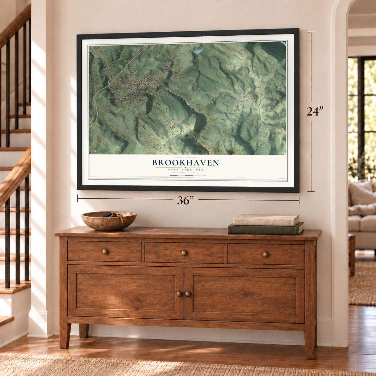 Brookhaven, West Virginia map, 24 x 36 inch print in a black frame above a dresser by a staircase
