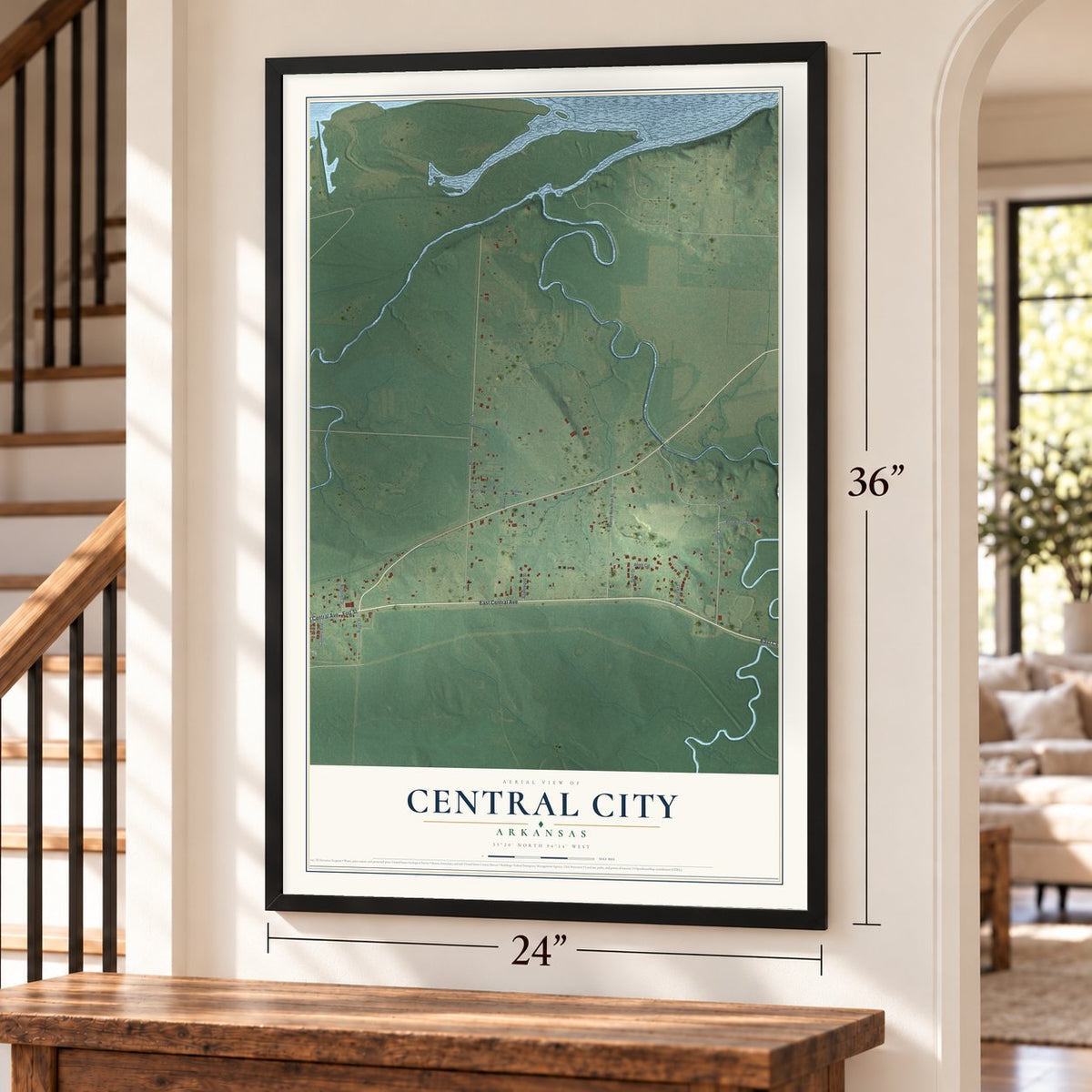 Central City, Arkansas map, 24 x 36 inch print in a black frame by a staircase