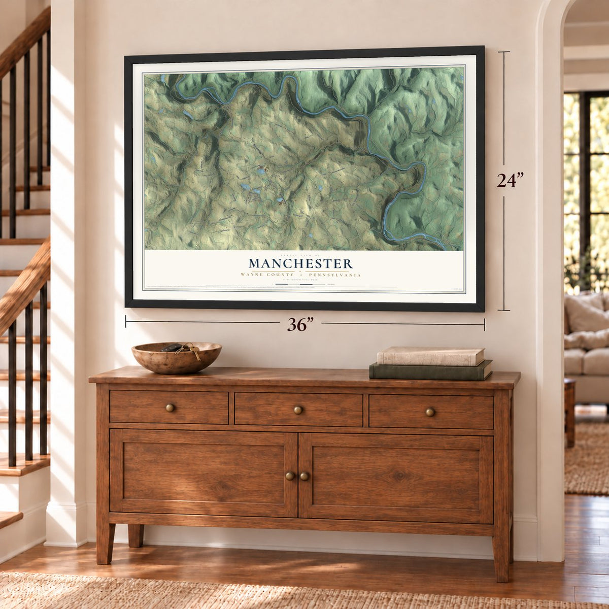 Manchester, Wayne County, Pennsylvania map, 24 x 36 inch print in a black frame above a dresser by a staircase