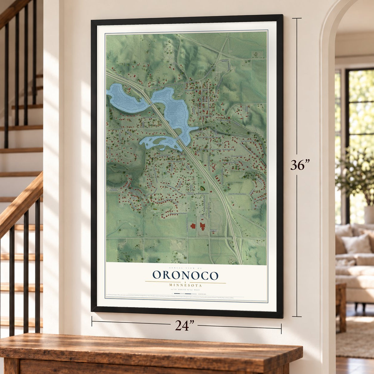 Oronoco, Minnesota map, 24 x 36 inch print in a black frame by a staircase