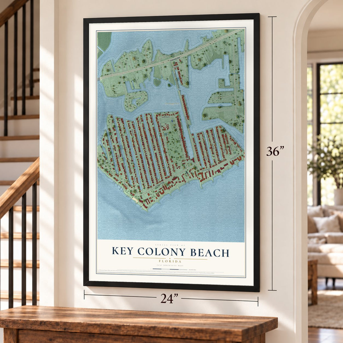 Key Colony Beach, Florida map, 24 x 36 inch print in a black frame by a staircase