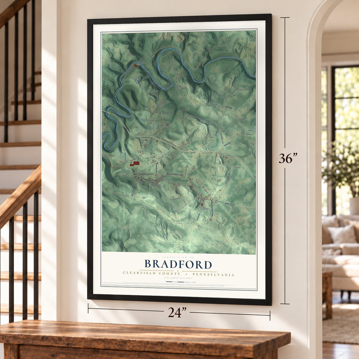 Bradford, Clearfield County, Pennsylvania map, 24 x 36 inch print in a black frame by a staircase