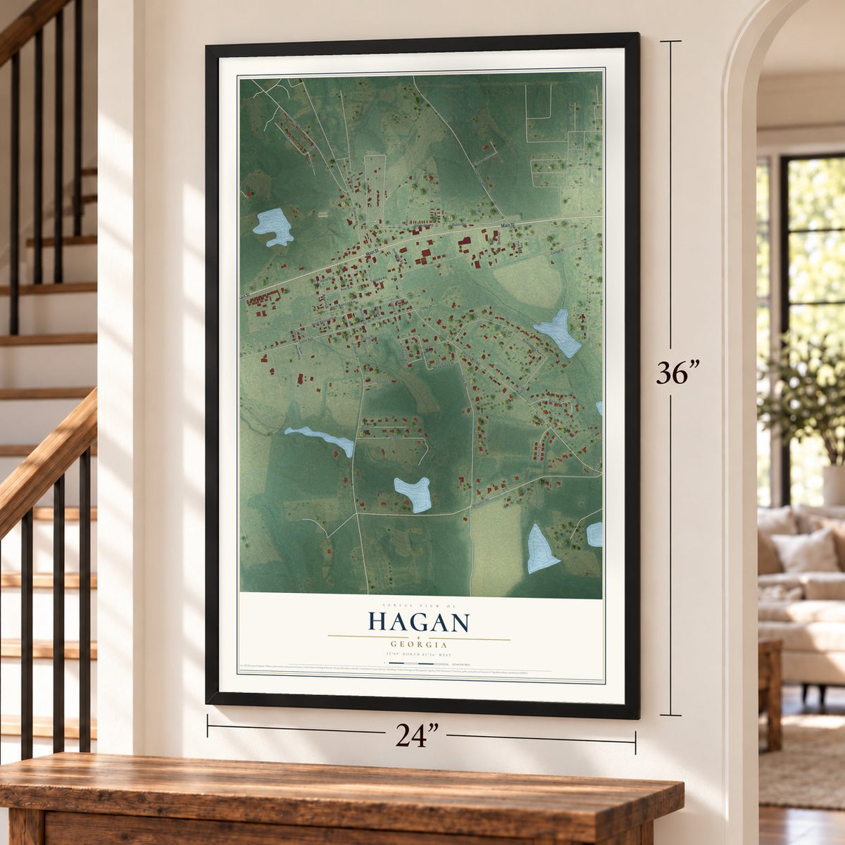 Hagan, Georgia map, 24 x 36 inch print in a black frame by a staircase