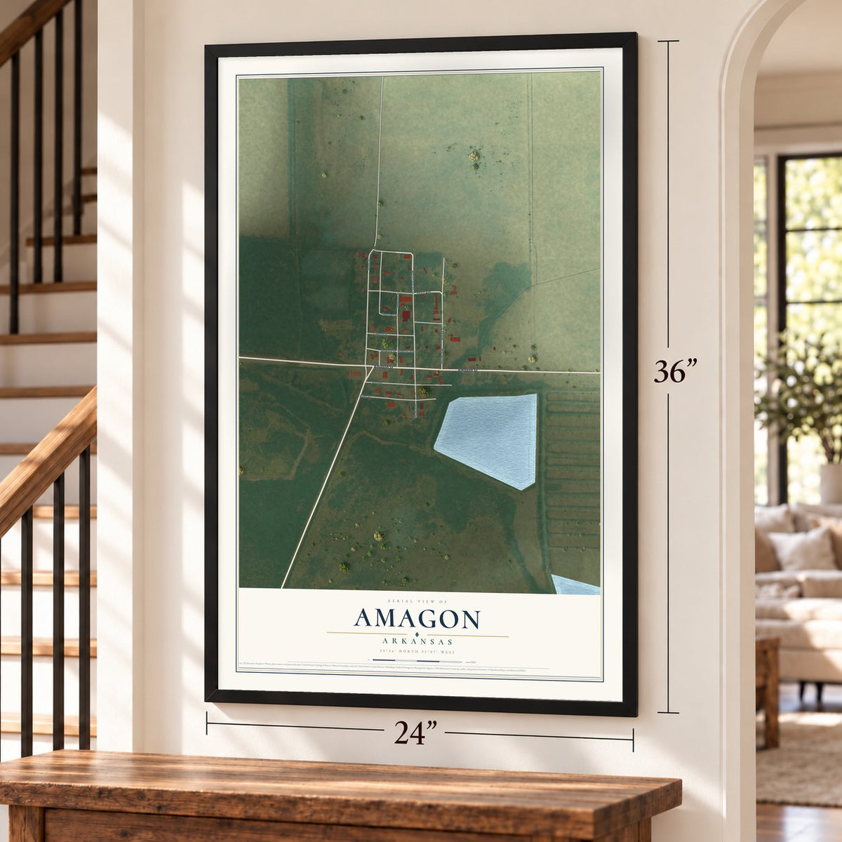 Amagon, Arkansas map, 24 x 36 inch print in a black frame by a staircase