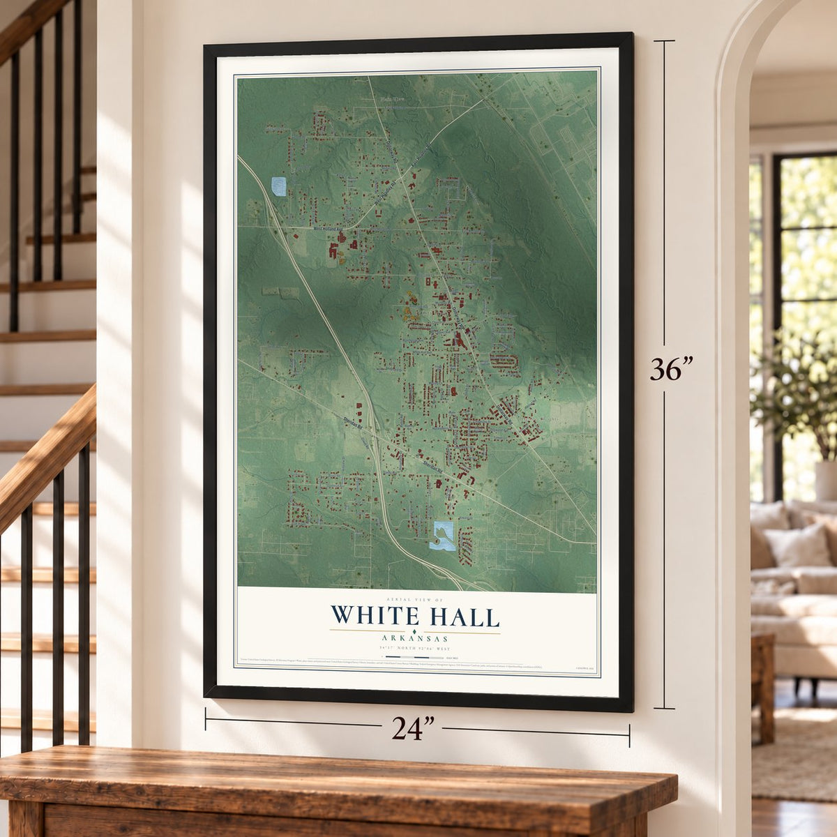 White Hall, Arkansas map, 24 x 36 inch print in a black frame by a staircase