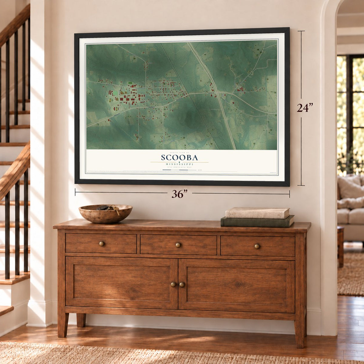 Scooba, Mississippi map, 24 x 36 inch print in a black frame above a dresser by a staircase