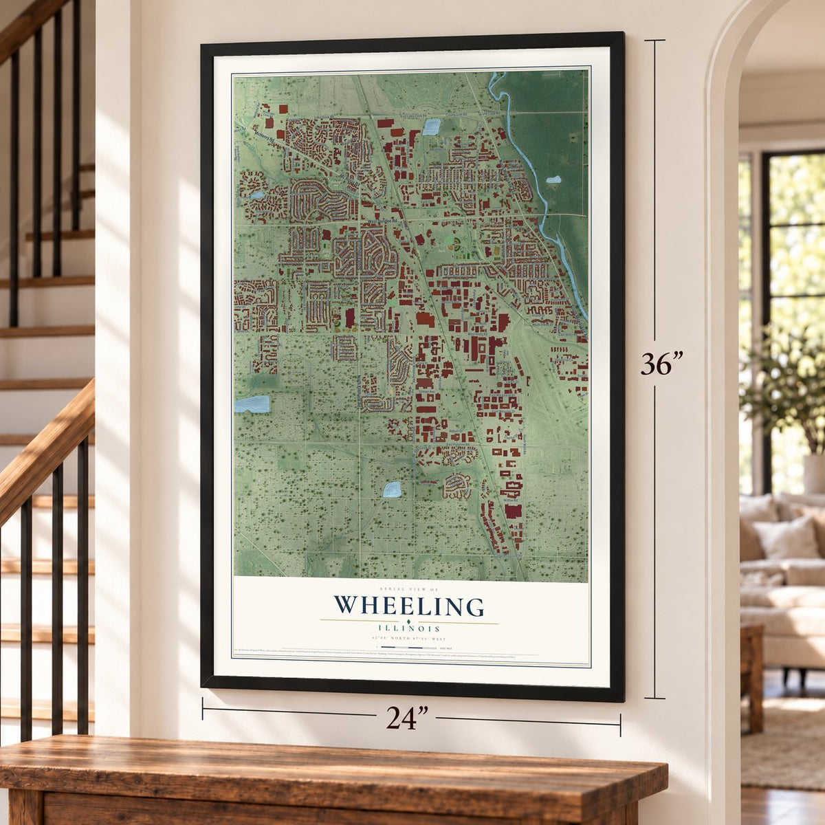 Wheeling, Illinois map, 24 x 36 inch print in a black frame by a staircase