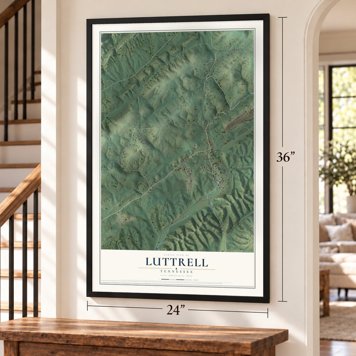 Luttrell, Tennessee map, 24 x 36 inch print in a black frame by a staircase