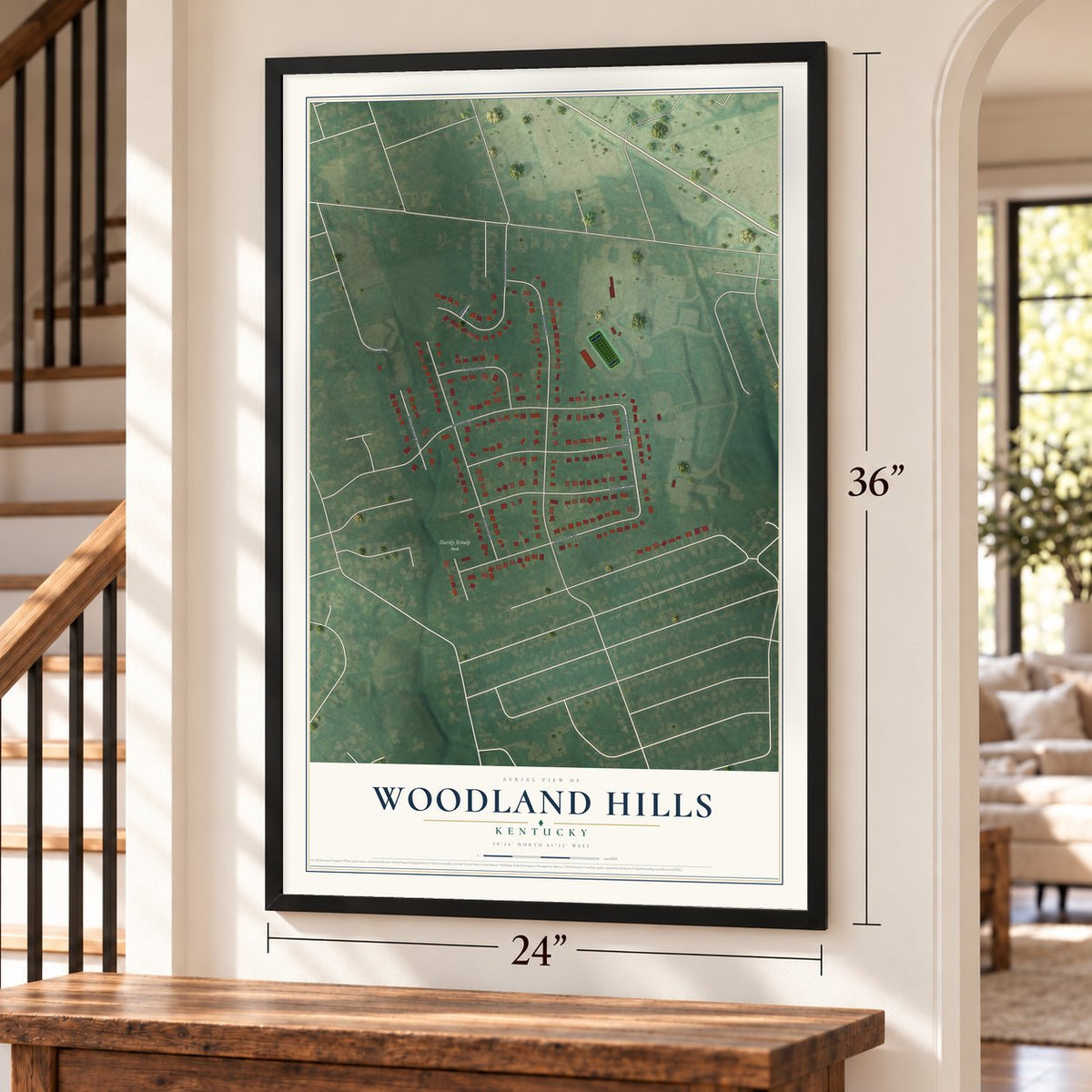 Woodland Hills, Kentucky map, 24 x 36 inch print in a black frame by a staircase