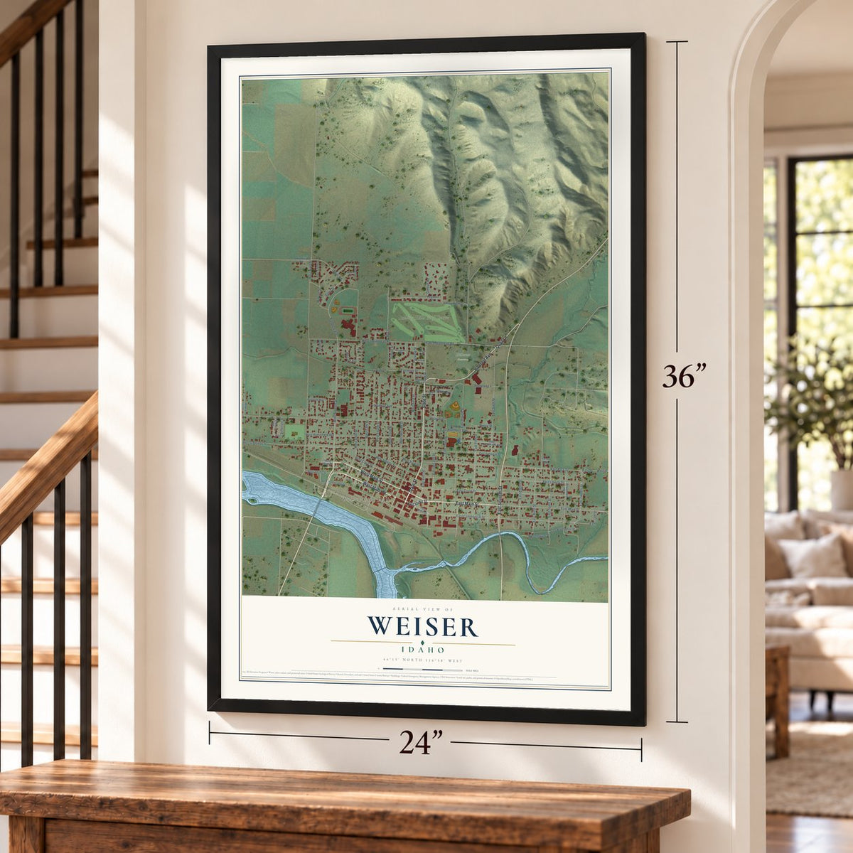Weiser, Idaho map, 24 x 36 inch print in a black frame by a staircase