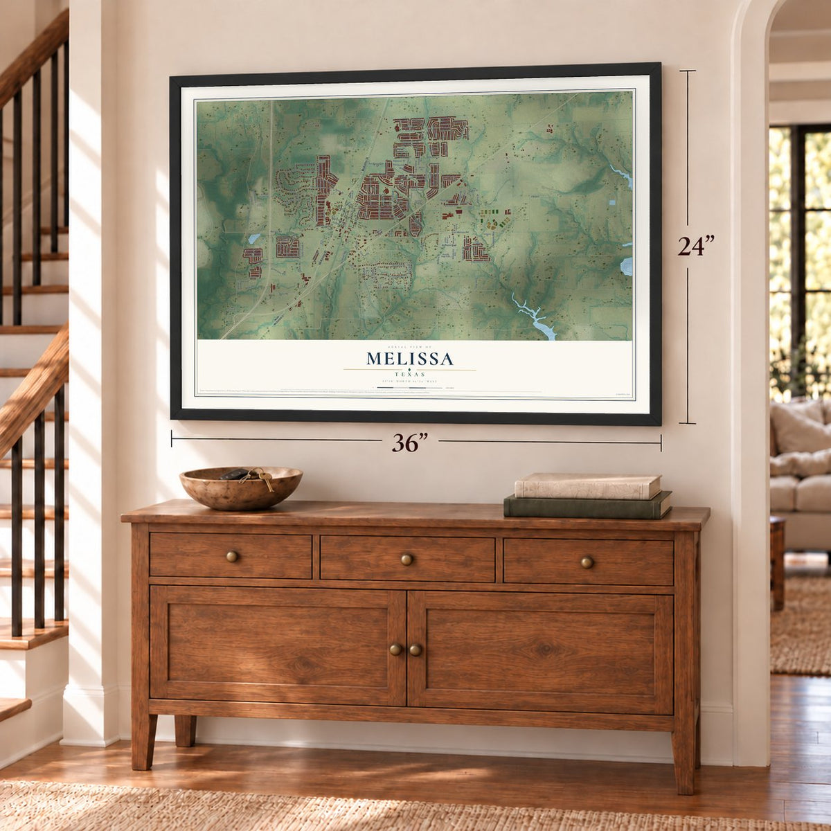 Melissa, Texas map, 24 x 36 inch print in a black frame above a dresser by a staircase