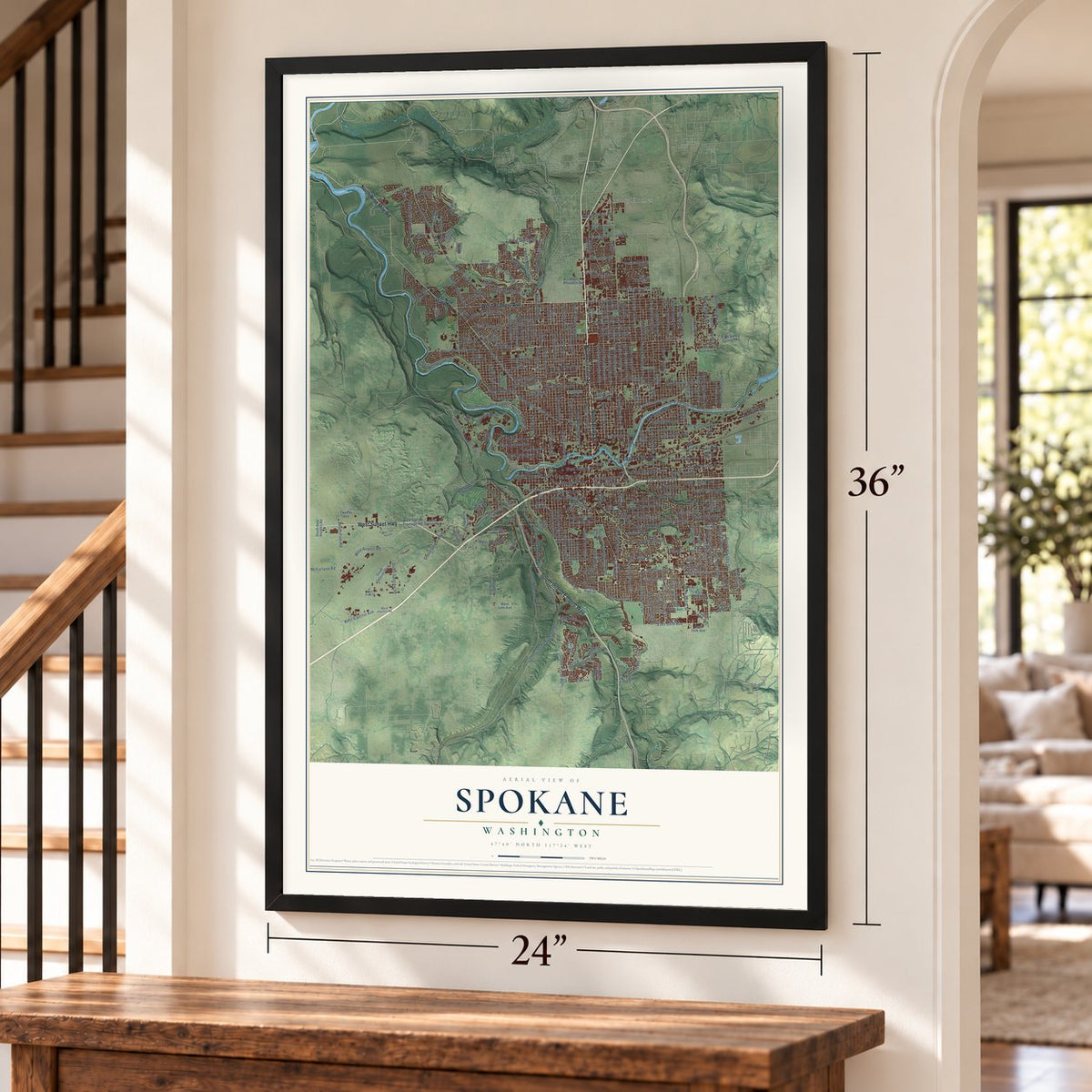 Spokane, Washington map, 24 x 36 inch print in a black frame by a staircase