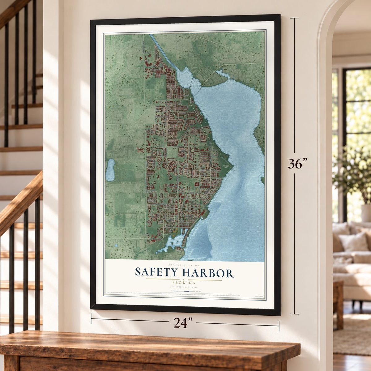 Safety Harbor, Florida map, 24 x 36 inch print in a black frame by a staircase