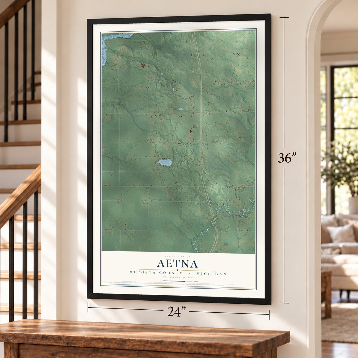 Aetna, Mecosta County, Michigan map, 24 x 36 inch print in a black frame by a staircase