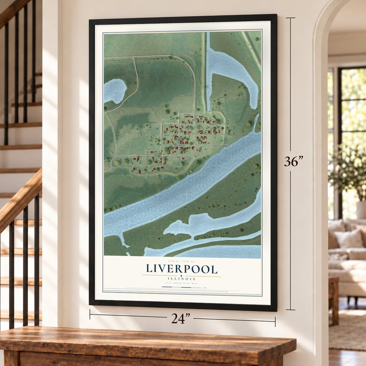 Liverpool, Illinois map, 24 x 36 inch print in a black frame by a staircase