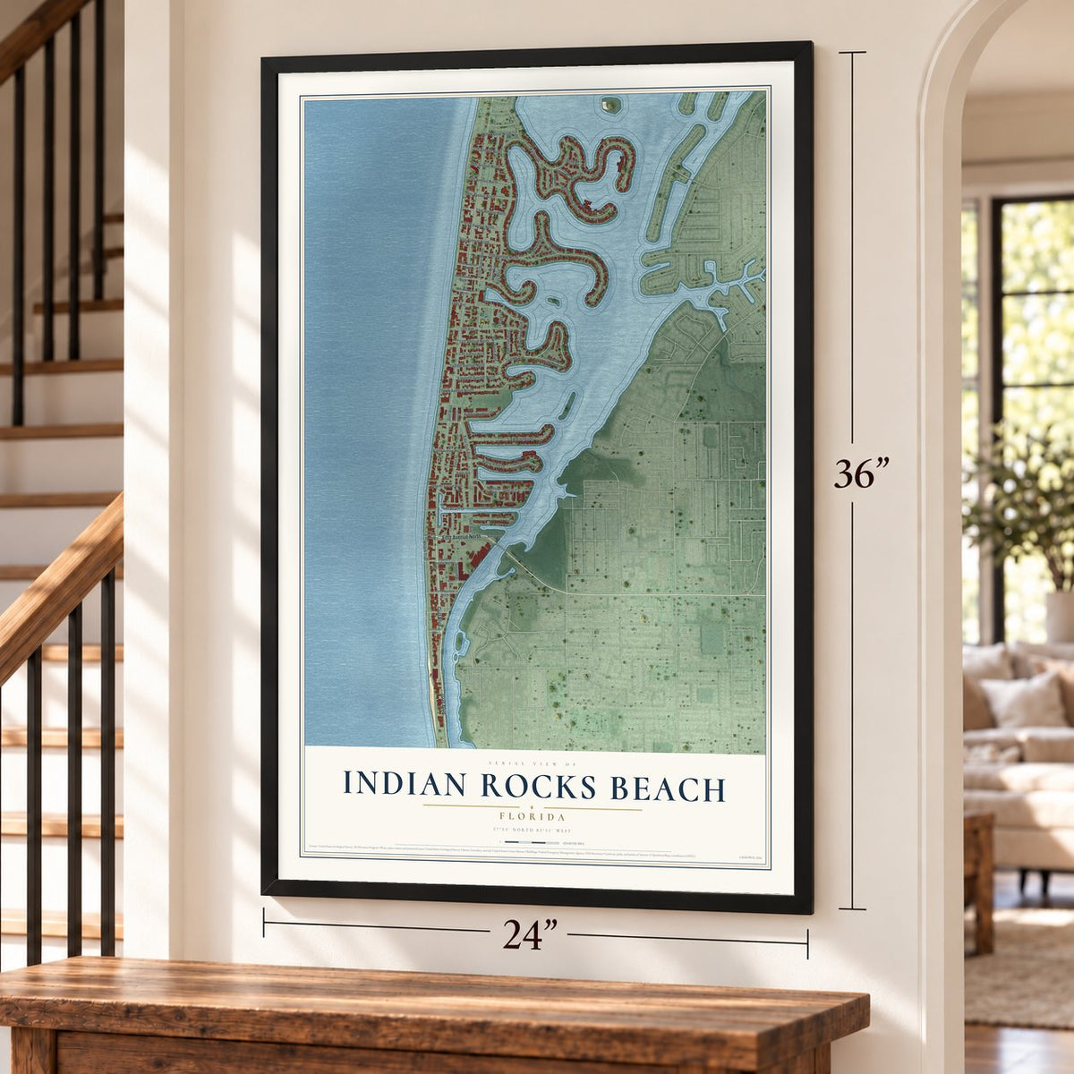 Indian Rocks Beach, Florida map, 24 x 36 inch print in a black frame by a staircase