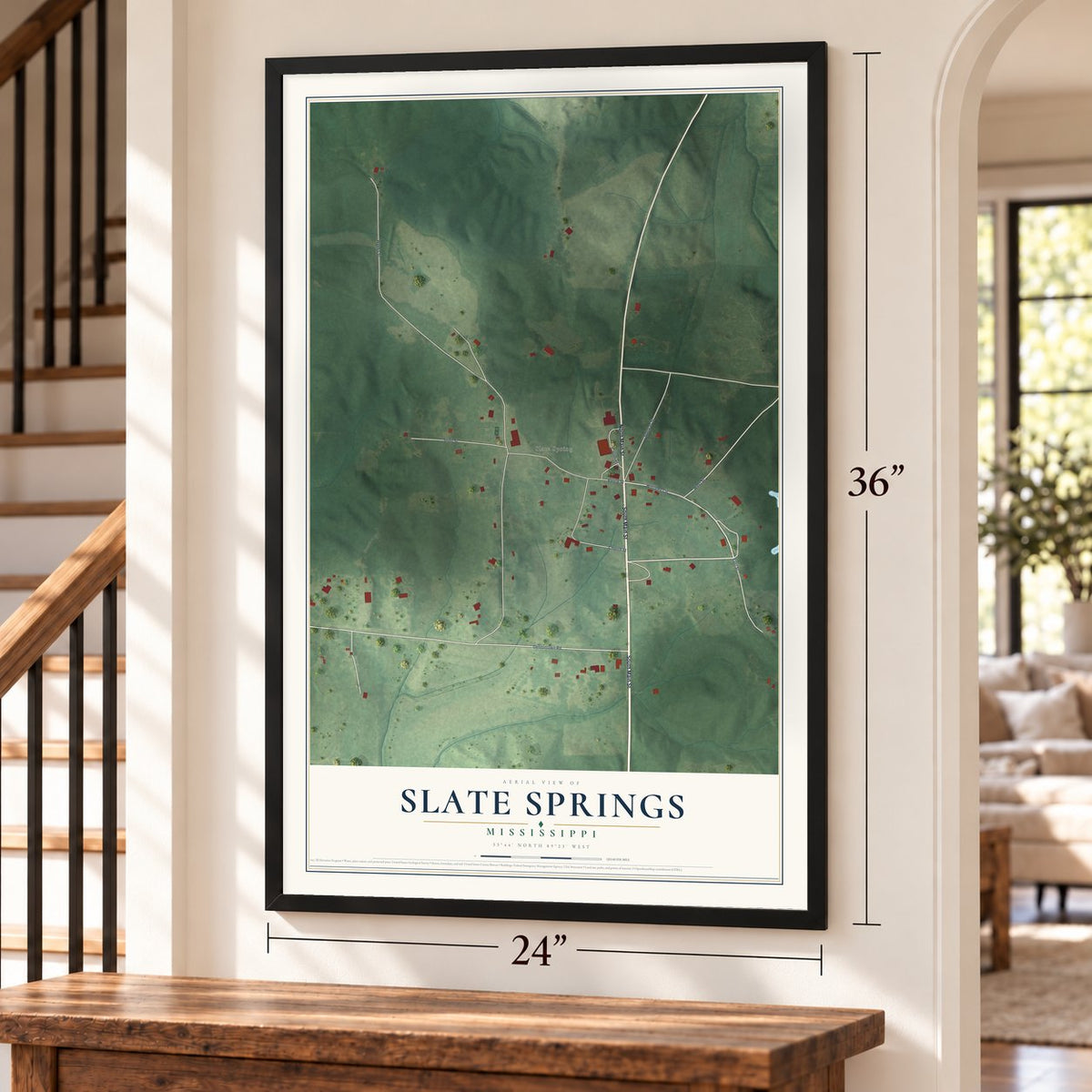Slate Springs, Mississippi map, 24 x 36 inch print in a black frame by a staircase
