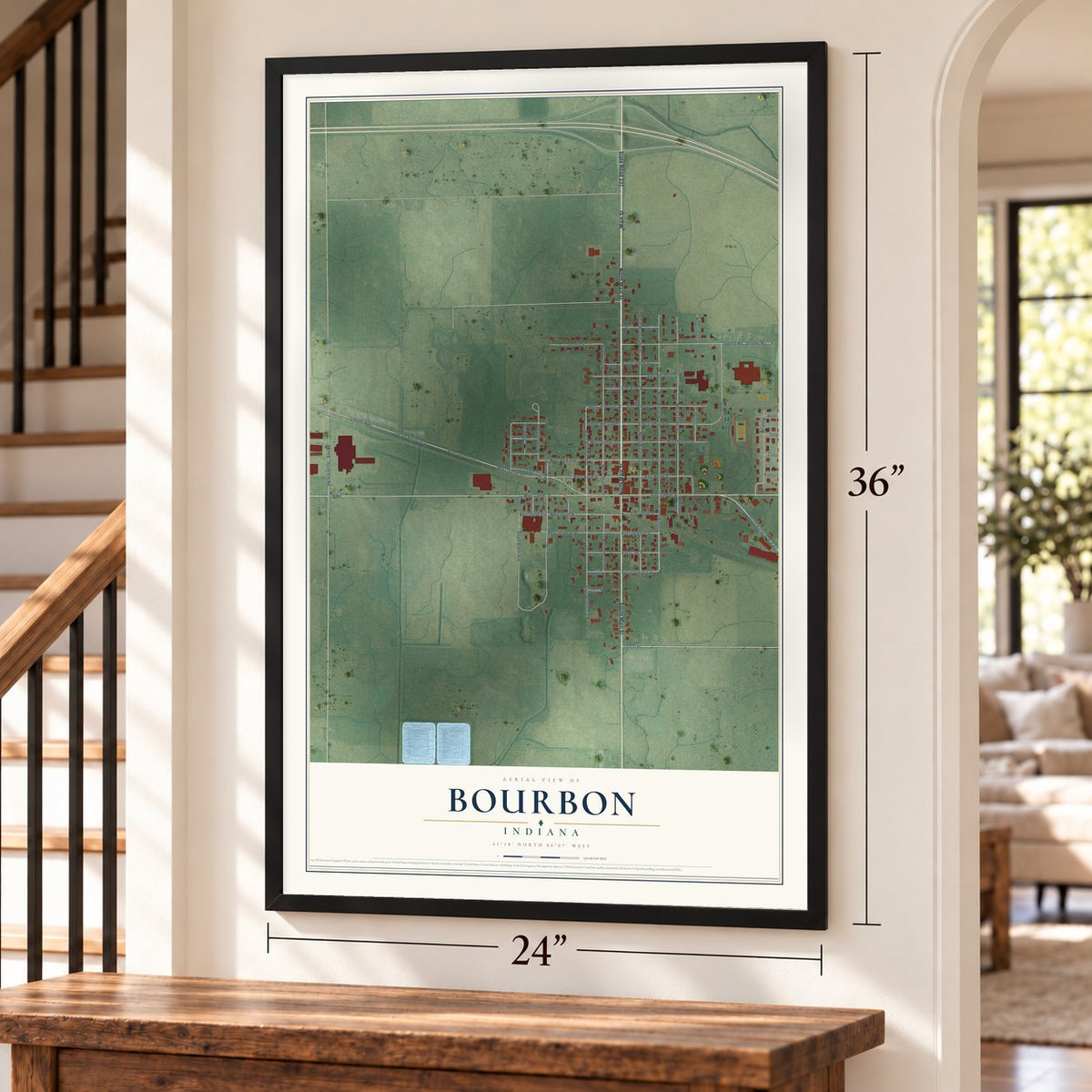 Bourbon, Indiana map, 24 x 36 inch print in a black frame by a staircase
