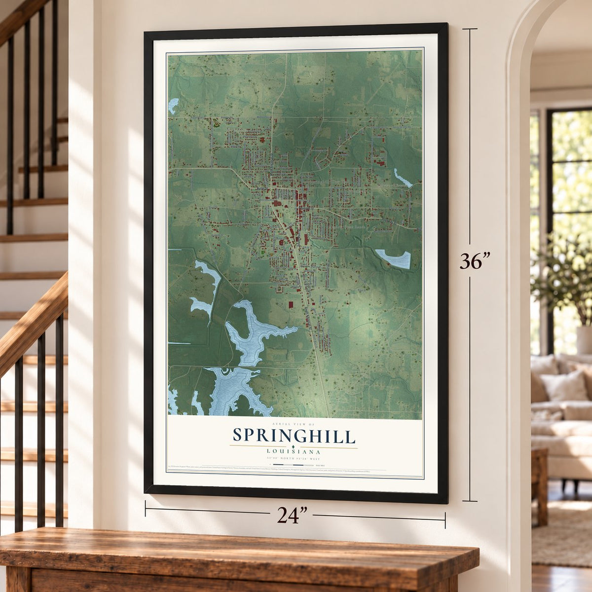 Springhill, Louisiana map, 24 x 36 inch print in a black frame by a staircase