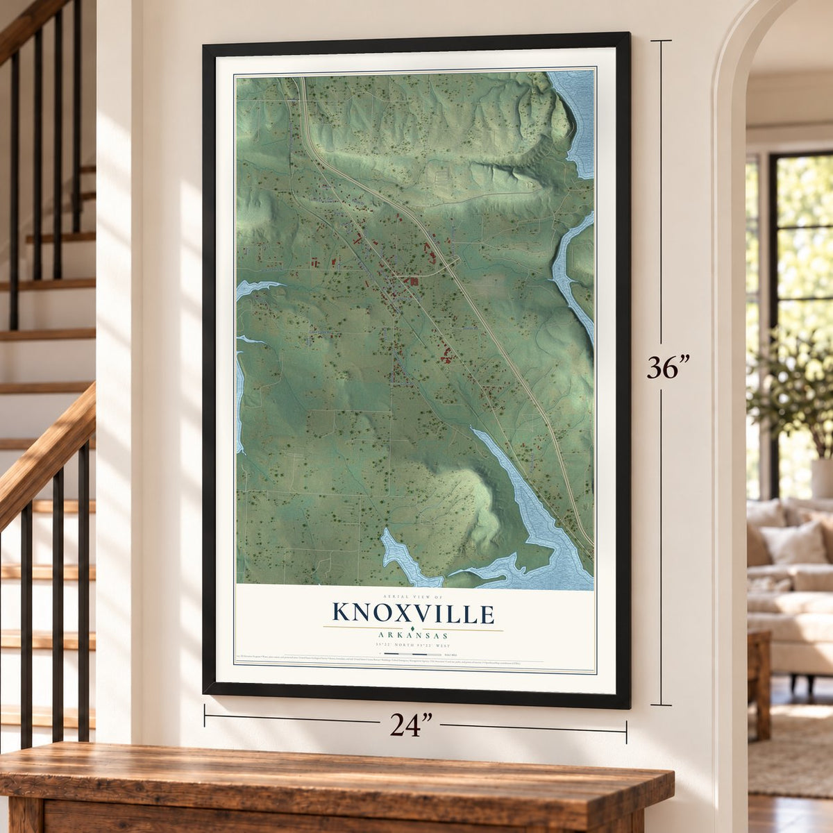 Knoxville, Arkansas map, 24 x 36 inch print in a black frame by a staircase