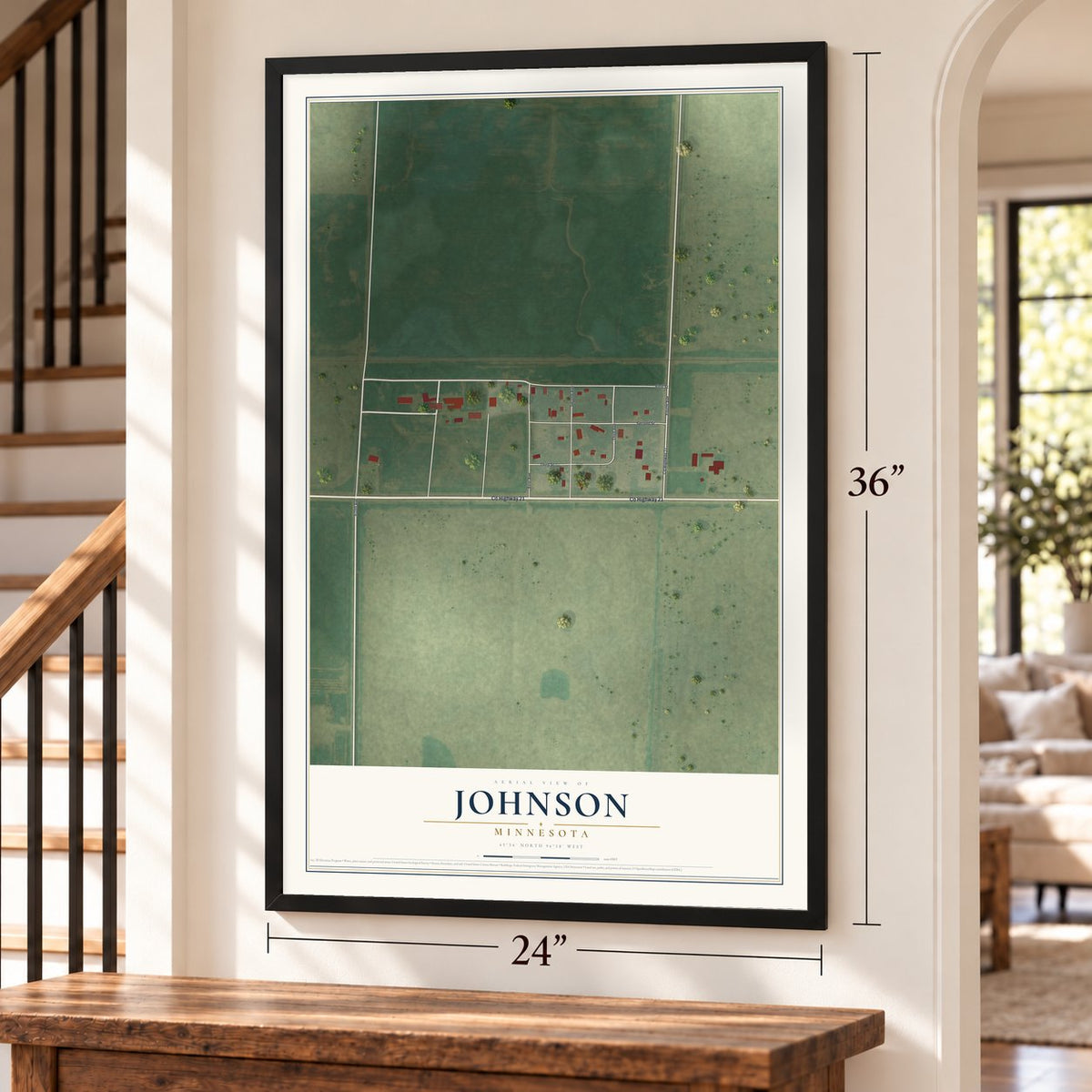 Johnson, Minnesota map, 24 x 36 inch print in a black frame by a staircase