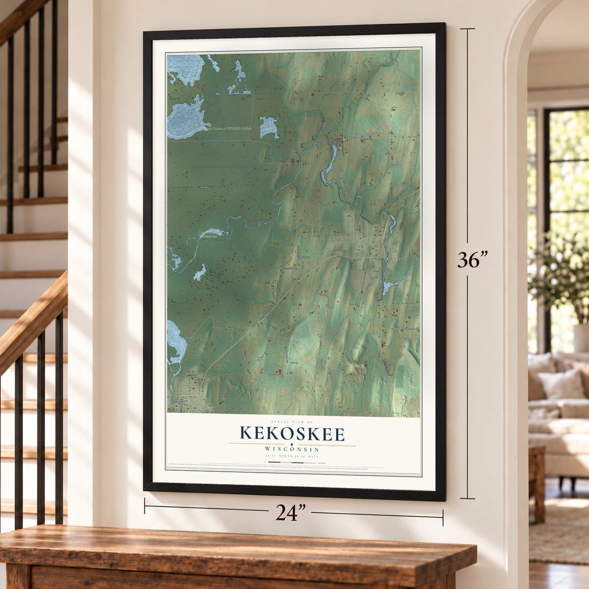 Kekoskee, Wisconsin map, 24 x 36 inch print in a black frame by a staircase