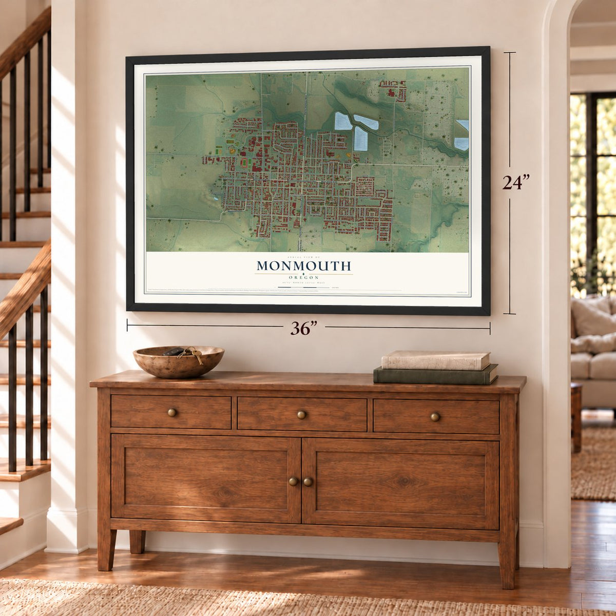 Monmouth, Oregon map, 24 x 36 inch print in a black frame above a dresser by a staircase