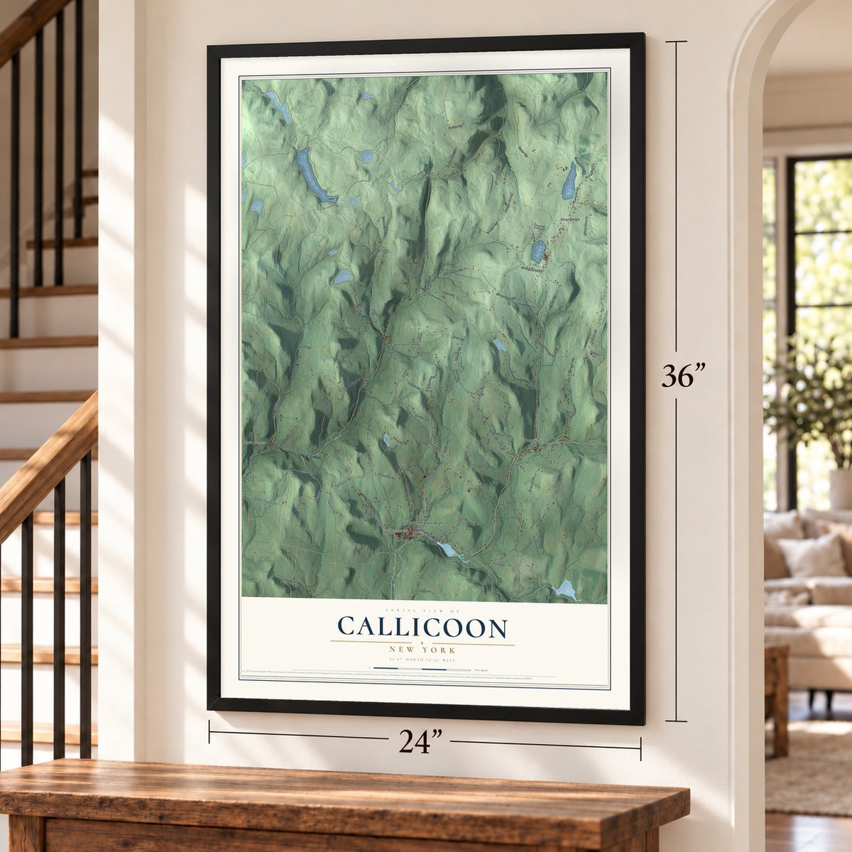 Callicoon, New York map, 24 x 36 inch print in a black frame by a staircase