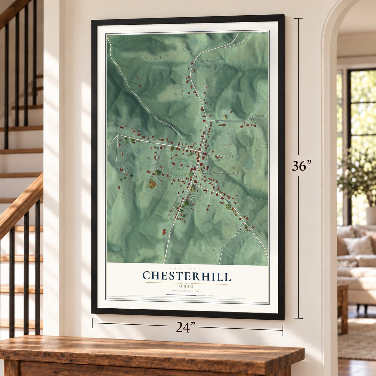 Chesterhill, Ohio map, 24 x 36 inch print in a black frame by a staircase
