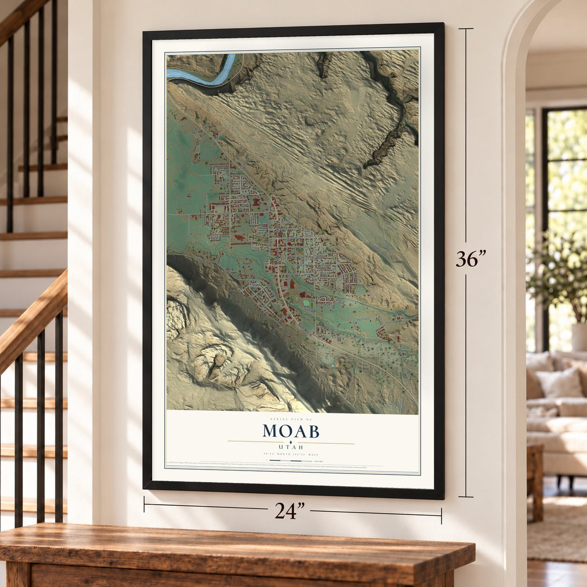 Moab, Utah map, 24 x 36 inch print in a black frame by a staircase