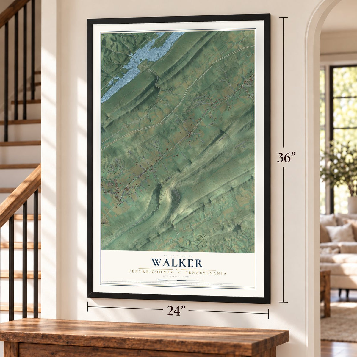 Walker, Centre County, Pennsylvania map, 24 x 36 inch print in a black frame by a staircase