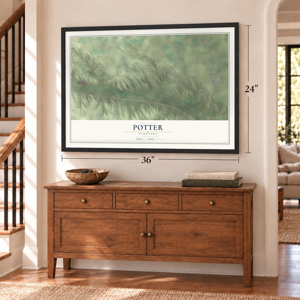Potter, Nebraska map, 24 x 36 inch print in a black frame above a dresser by a staircase