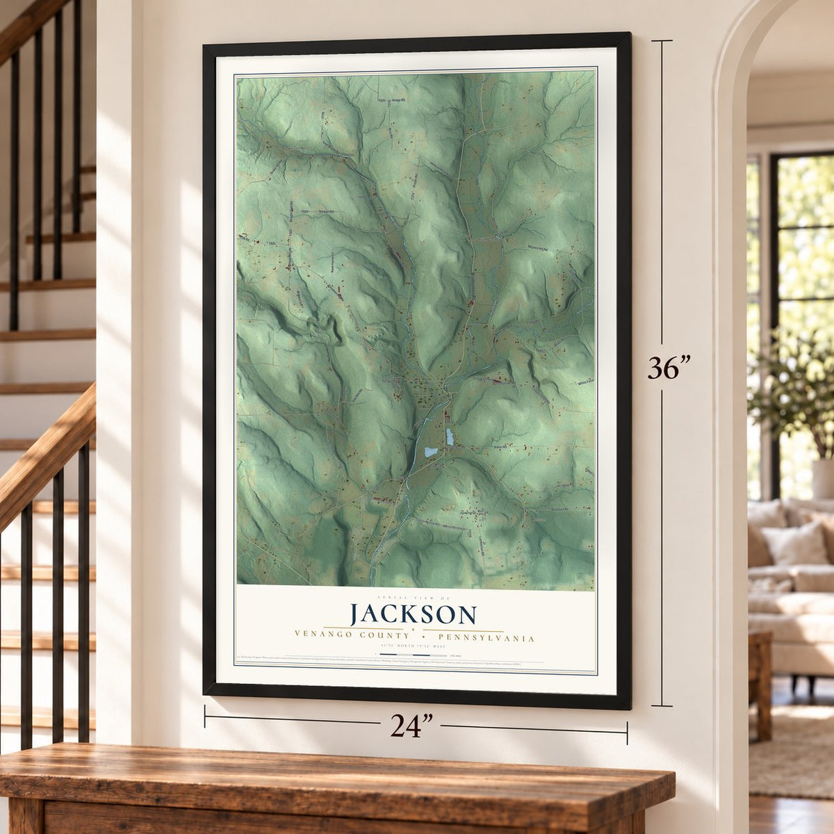 Jackson, Venango County, Pennsylvania map, 24 x 36 inch print in a black frame by a staircase