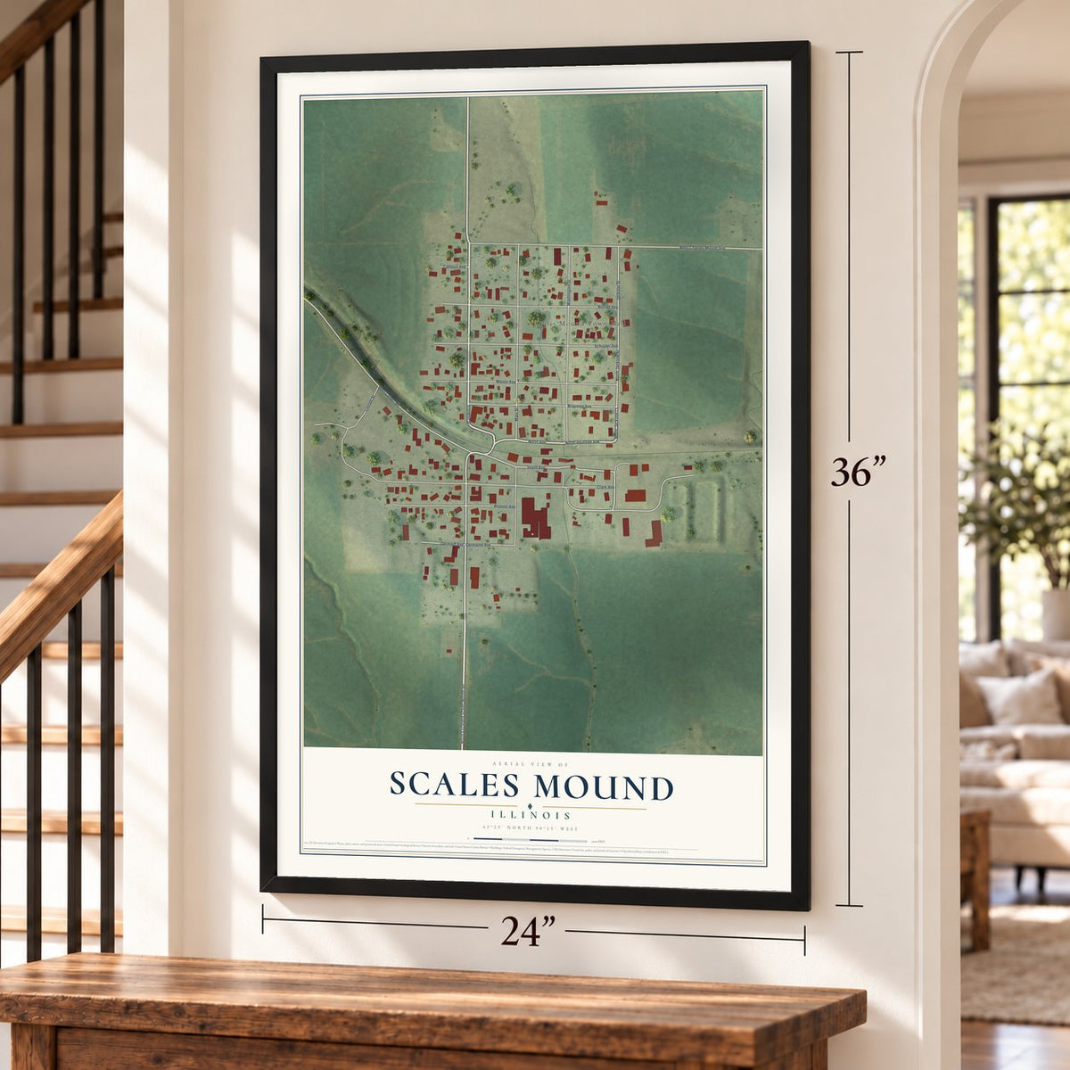 Scales Mound, Illinois map, 24 x 36 inch print in a black frame by a staircase