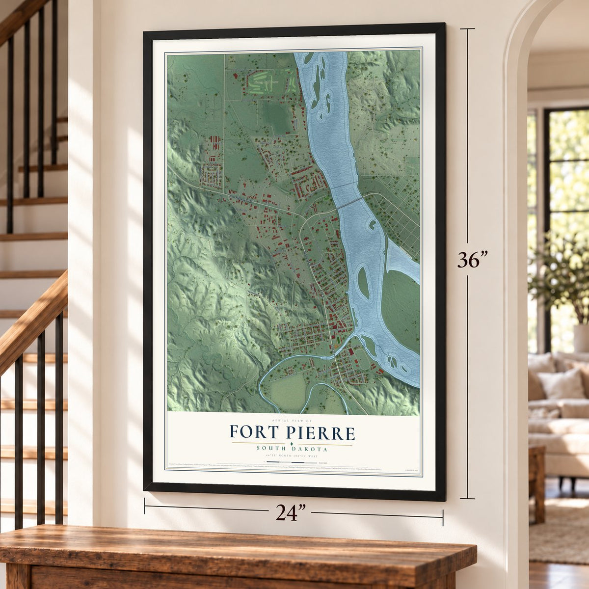 Fort Pierre, South Dakota map, 24 x 36 inch print in a black frame by a staircase